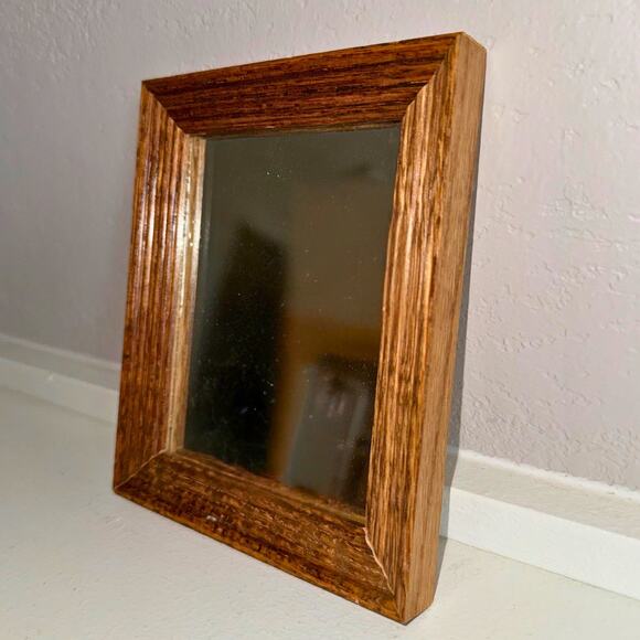Vintage Oak Wood Framed Wall Mirror | Small Rustic Cabin Decor 7x6” - Picture 5 of 6